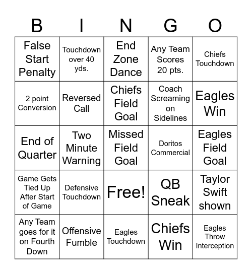 Superbowl Bingo Card