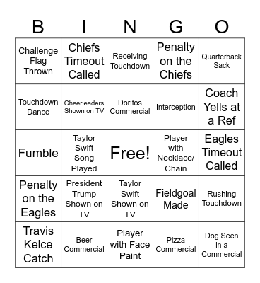 Superbowl 2025 Bingo Card
