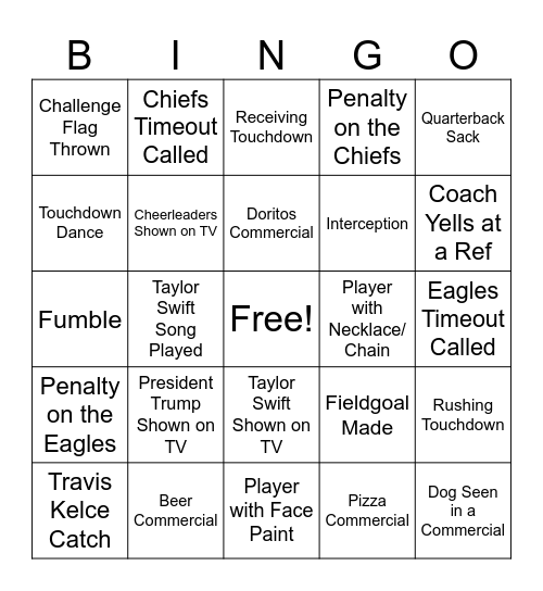 Superbowl 2025 Bingo Card