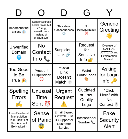 Dodgy or Not Bingo Card
