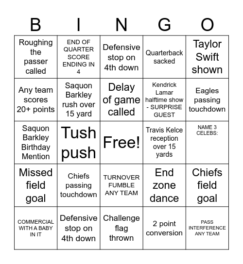 SUPER BOWL 2025 Bingo Card