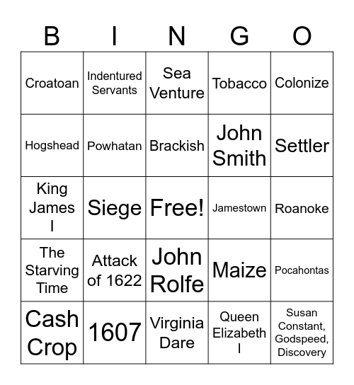 Jamestown Bingo Cards Bingo Card