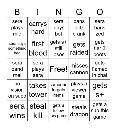 sera bingo card Bingo Card