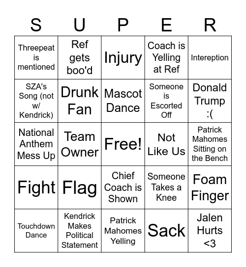 General Super Bowl Bingo Card