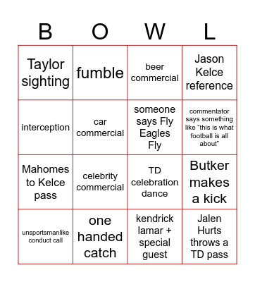 SUPER BOWL 2025 Bingo Card