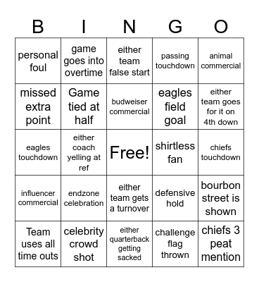 Super Bowl 2025 Bingo Card
