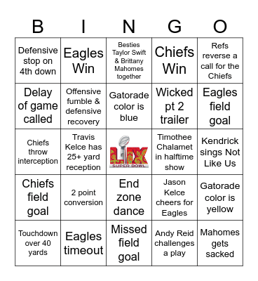 Super Bowl 2025 Bingo Card