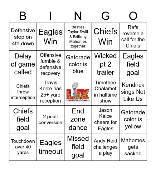 Super Bowl 2025 Bingo Card