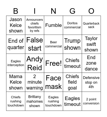 Super Bowl Bingo Card