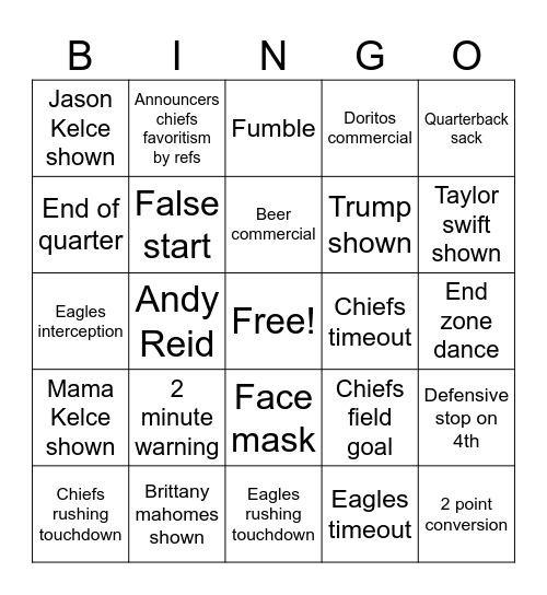 Super Bowl Bingo Card