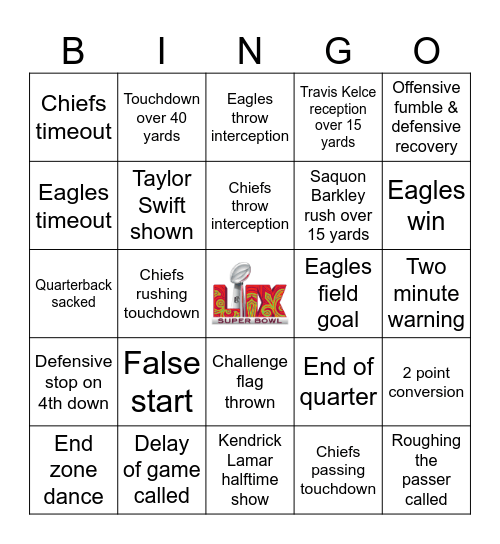 Super Bowl 2025 Bingo Card