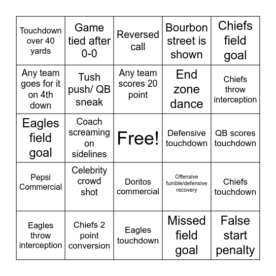 Super Bowl 2025 Bingo Card