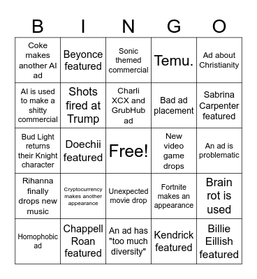 Super Bowl Commercial Bingo Card