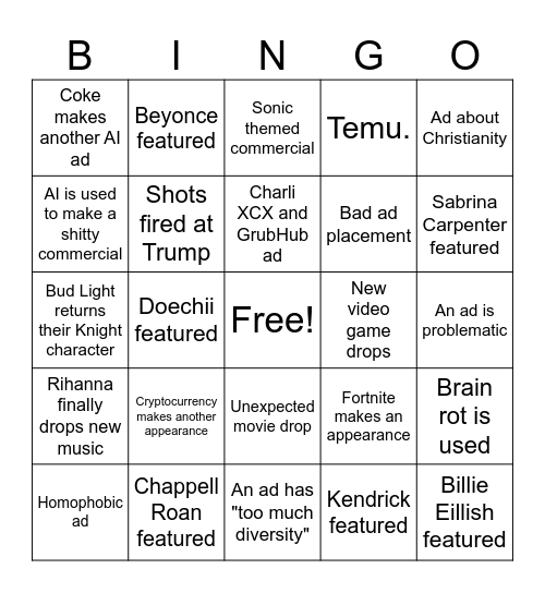 Super Bowl Commercial Bingo Card
