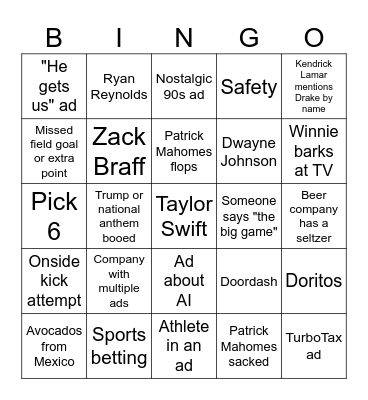 Superbowl Bingo Card