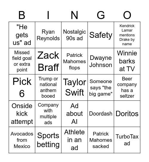 Superbowl Bingo Card