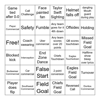 Super Bowl Bingo Card