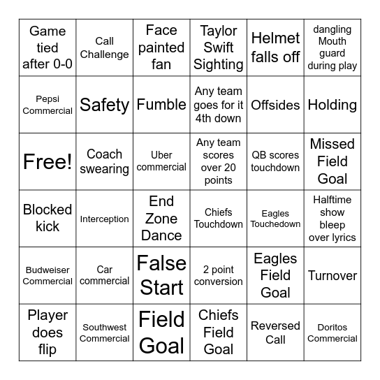 Super Bowl Bingo Card