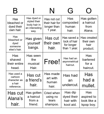 Gay Hair Bingo Card