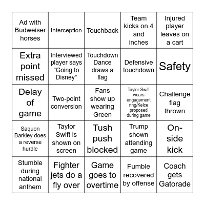 Superbowl 59 (2025) Super Hard Bingo Card