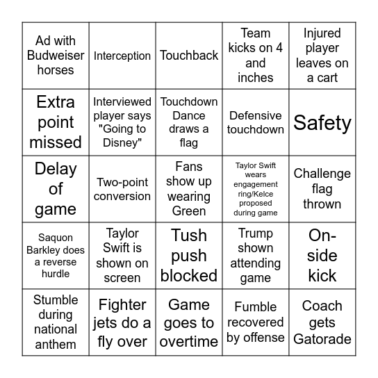Superbowl 59 (2025) Super Hard Bingo Card