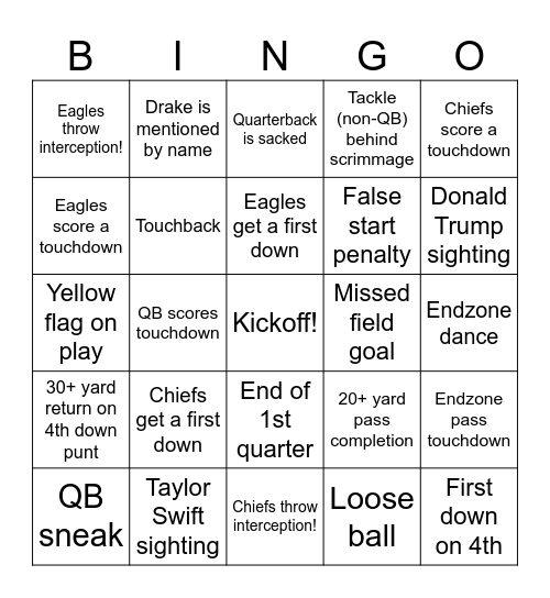 Super Bowl First Half Bingo! Bingo Card