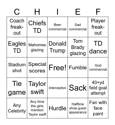 Super Bowl Bingo Card