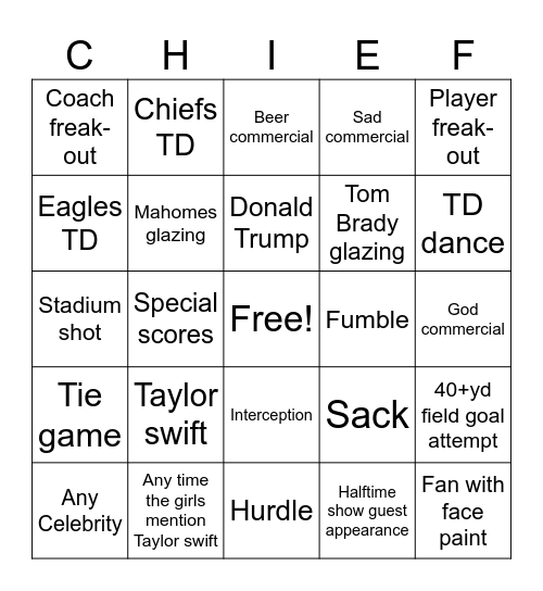 Super Bowl Bingo Card