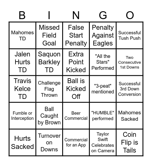 Super Bowl LIX Bingo Card