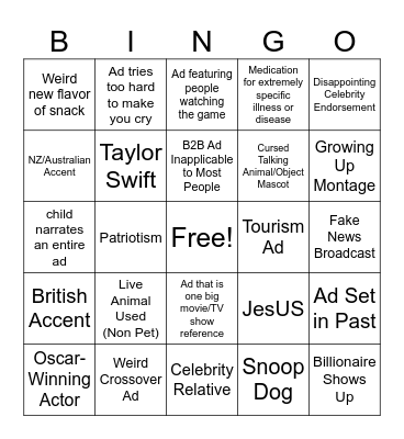 Super Bowl Ad Bingo 2025 Bingo Card
