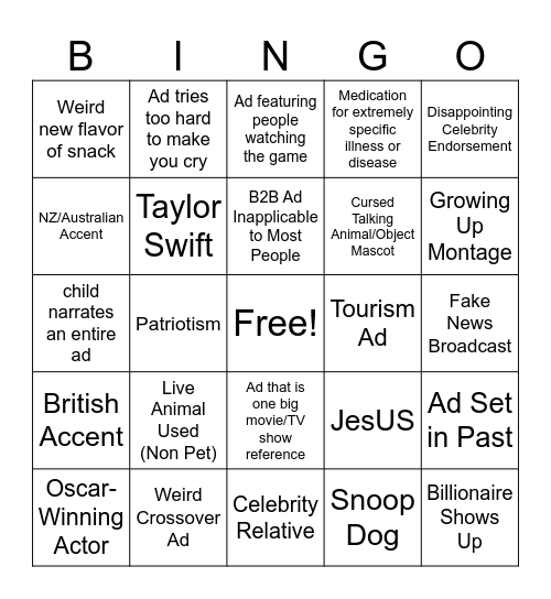 Super Bowl Ad Bingo 2025 Bingo Card