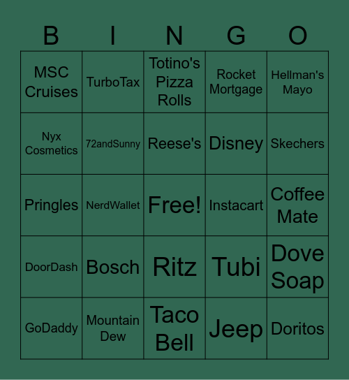 Super Bowl 2025 Commercials Bingo Card