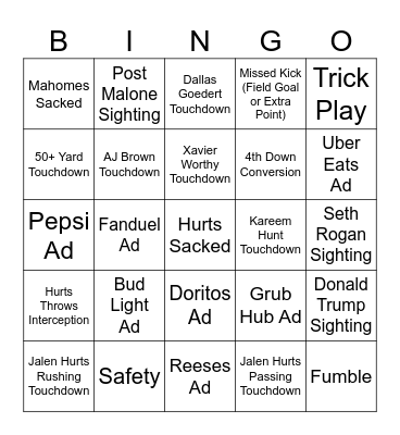 Super Bowl LIX Bingo Card
