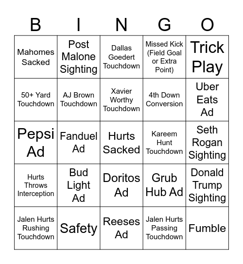 Super Bowl LIX Bingo Card