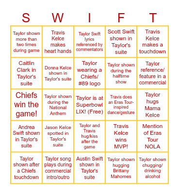Superbowl LIX (Taylor's Version) Bingo Card