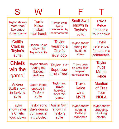 Superbowl LIX (Taylor's Version) Bingo Card
