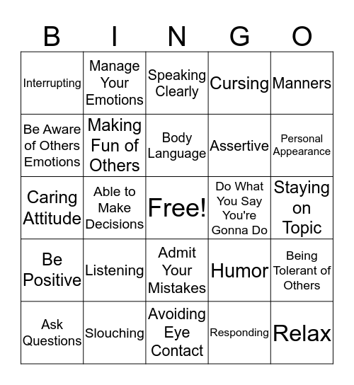 Interpersonal Skills Bingo Card