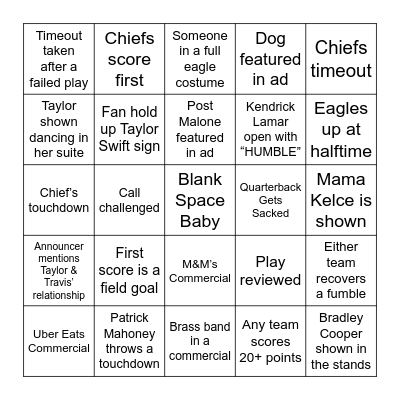 Super Bowl Bingo Card