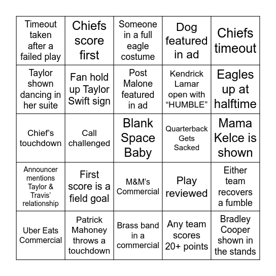 Super Bowl Bingo Card