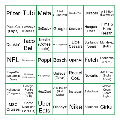 Super Bowl Commercials 2025 Bingo Card