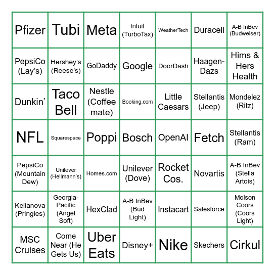 Super Bowl Commercials 2025 Bingo Card