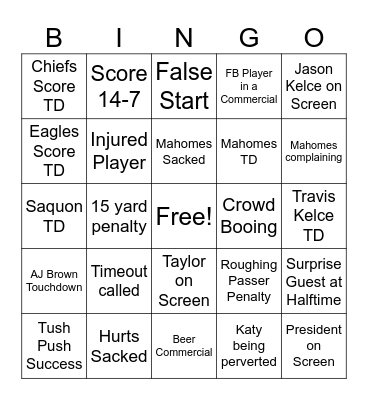 Superbowl 2025 Bingo Card