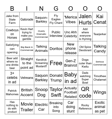 Super Bowl Commercials Bingo Card