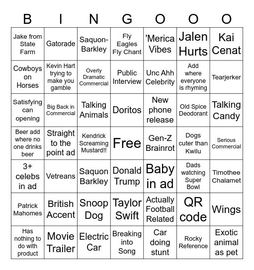 Super Bowl Commercials Bingo Card