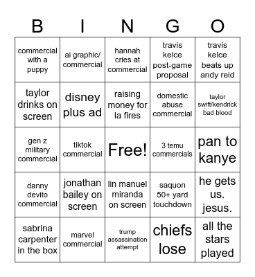 Superbowl Bingo Card