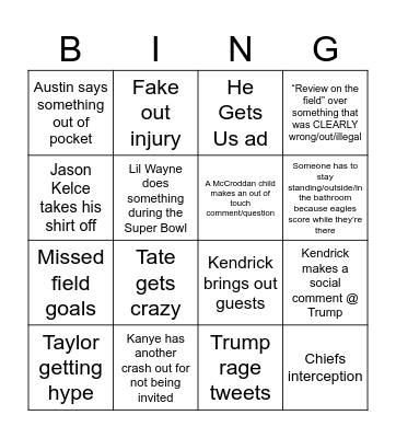 Super Bowl 2025 Bingo Card