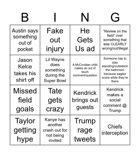 Super Bowl 2025 Bingo Card