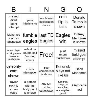 SUPER BOWL 2025 Bingo Card