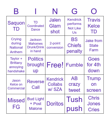 SUPER BOWL BINGO Card