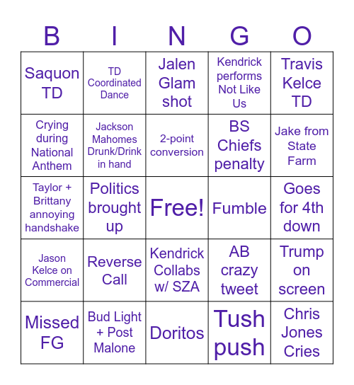 SUPER BOWL BINGO Card